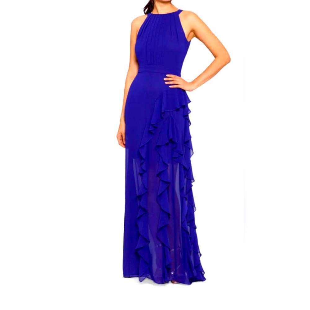 Betsy & Adam Ruffled Halter Gown. Electric Blue. Size 14 Petite